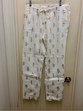 Lilly Pulitzer White Drawstring linen pants with Gold Foil Shell Print